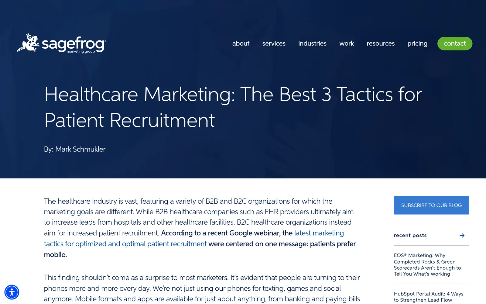 Sagefrog Marketing Group healthcare marketing practice website, 2026